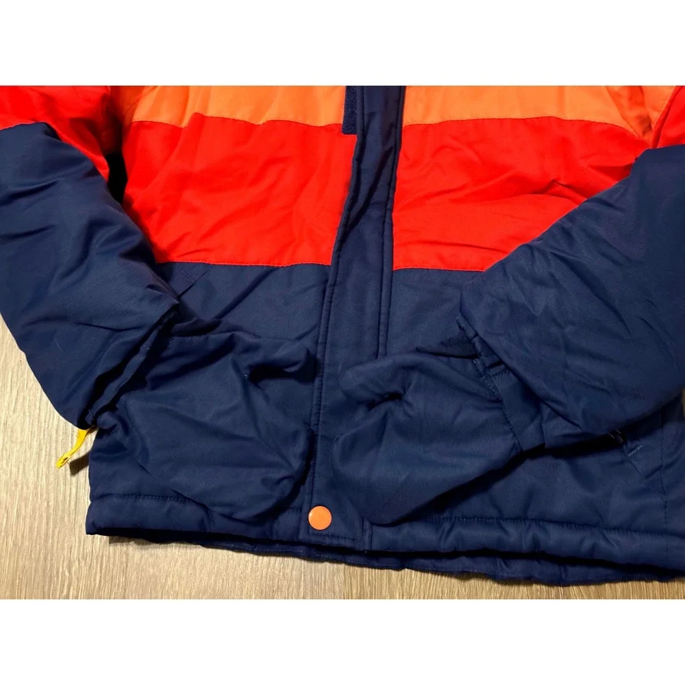 Cat & Jack Kids Puffer Jacket Navy Red Orange Yellow Striped Hooded Size 7